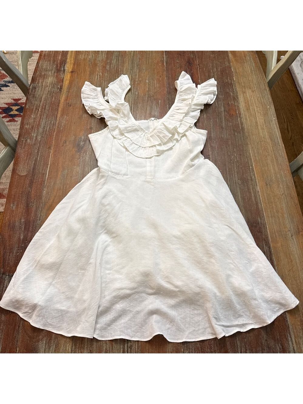 Vestique White Ruffle Trim V Neck Mini Dress Large